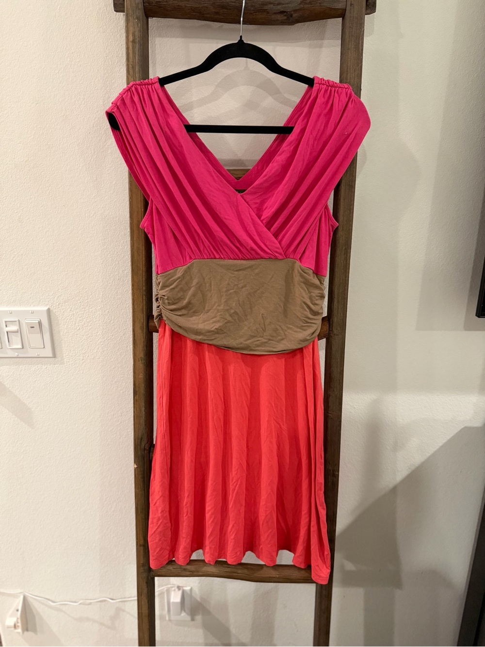Tommy Bahama Pink, Coral and Tan Colorblock V-Neck Midi Dress
